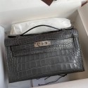 Hermes Kelly Pochette Handmade Bag In Graphite Matte Alligator Leather JM138Hk55