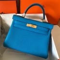 Hermes Kelly Retourne 28 Handmade Bag In Blue Zanzibar Clemence Leather JM1944Rd78