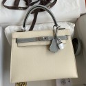 Hermes Kelly Sellier 25 Bicolor Bag in Craie and Gris Mouette Epsom Calfskin JM1344QT69