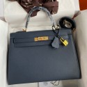 Hermes Kelly Sellier 32 Handmade Bag In Blue Indigo Epsom Calfskin JM1806QF99