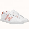 Hermes Men's Avantage Sneakers In White/Orange Calfskin JM321XZ90