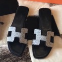 Hermes Oran Sandals In Black Suede With Crystal JM957DU34