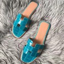 Hermes Oran Sandals In Blue Paon Shiny Niloticus Crocodile JM879eL18