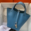 Hermes Picotin Lock 22 Handmade Bag in Blue Jean Clemence Leather JM166JB13