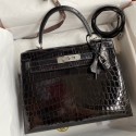Imitation Hermes Kelly Sellier 28 Handmade Bag In Black Crocodile Niloticus Shiny Skin JM1280hw36