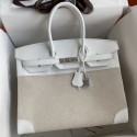 Knockoff Hermes Birkin 35 Handmade Bag In Toile & White Clemence Leather JM101mD64