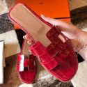 Replica Cheap Hermes Oran Slide Sandals In Red Shiny Niloticus Crocodile Skin JM2016di41