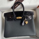 Replica Designer Hermes Touch Birkin 25 Bag in Black Togo and Shiny Alligator Leather JM2076Le42