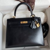 AAA Hermes Kelly Sellier 25 Handmade Bag In Black Box Calfskin JM1275DY28