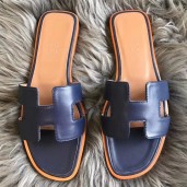AAAAA Hermes Oran Sandals In Navy Swift Leather JM1682ot71