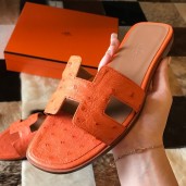 AAAAA Replica Hermes Oran Slide Sandals In Orange Ostrich Leather JM447cd87