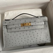 Best Hermes Kelly Pochette Handmade Bag In Blue Glacier Ostrich Leather JM849LC65