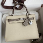 Best Hermes Kelly Sellier 25 Bicolor Bag in Craie and Gris Asphalt Epsom Calfskin JM914YF21