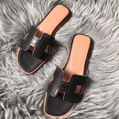 Copy 1:1 Hermes Oran Perforated Sandals In Black Swift Leather JM198OR71
