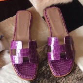Copy 1:1 Hermes Oran Sandals In Purple Shiny Niloticus Crocodile JM133nF20