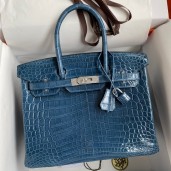 Copy Hermes Birkin 30 Handmade Bag In Blue Tempete Crocodile Niloticus Shiny Skin JM1802Lm44