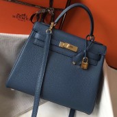 Copy Hermes Kelly 28cm Bag In Blue Agate Clemence Leather GHW JM1006Kl59