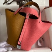 Copy Hermes Picotin Lock 18 Bicolor Handmade Bag in Sesame and Rose Azalee Clemence Leather JM1276Wq19