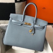 Fake AAAAA Hermes Birkin 35cm Bag In Blue Lin Clemence Leather GHW JM142YK70