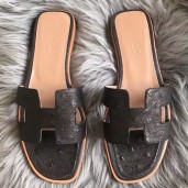 Fashion Imitation Hermes Oran Sandals In Black Ostrich Leather JM1333nM61