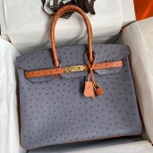 First-class Quality Hermes HSS Birkin 35 Bicolor Bag in Gris Agate and Gold Ostrich Leather JM1256vx69