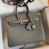 Hermes Birkin 25 Retourne Handmade Bag In Gris Tourterelle Ostrich Leather JM1663NG76