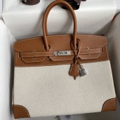 Hermes Birkin 35 Handmade Bag In Toile & Gold Swift Leather JM838uU16
