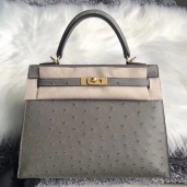 Hermes Kelly 25cm Handmade Bag In Gris Asphalt Ostrich Skin JM506zp53
