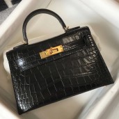 Hermes Kelly Mini II Bag In Black Embossed Crocodile Leather JM1100FT69