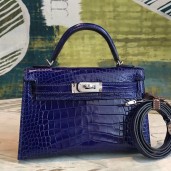 Hermes Kelly Mini II Handmade Bag In Blue Alligator Crocodile JM139uZ84