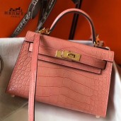 Hermes Kelly Mini II Handmade Bag In Pink Crocodile Embossed Leather JM992Up15