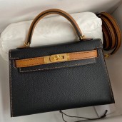 Hermes Kelly Mini II Sellier Bicolor Handmade Bag in Black and Gold Epsom Calfskin JM171Xr72