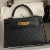 Hermes Kelly Mini II Sellier Handmade Bag In Black Ostrich Leather JM1564bM57