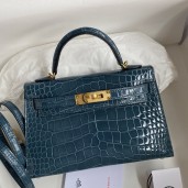 Hermes Kelly Mini II Sellier Handmade Bag In Blue Jean Shiny Alligator Leather JM1070rf73