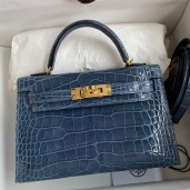 Hermes Kelly Mini II Sellier Handmade Bag In Colvert Shiny Alligator Leather JM1224Sy67
