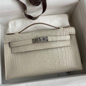 Hermes Kelly Pochette Handmade Bag In Beton Matte Alligator Leather JM760Wv88