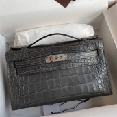 Hermes Kelly Pochette Handmade Bag In Graphite Matte Alligator Leather JM138Hk55
