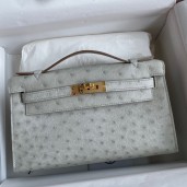Hermes Kelly Pochette Handmade Bag In Pearl Grey Ostrich Leather JM209jk62
