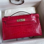 Hermes Kelly Pochette Handmade Bag In Rose Extreme Shiny Alligator Leather JM852XB19
