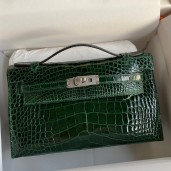 Hermes Kelly Pochette Handmade Bag In Vert Fonce Shiny Alligator Leather JM329Jc39