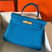 Hermes Kelly Retourne 28 Handmade Bag In Blue Zanzibar Clemence Leather JM1944Rd78