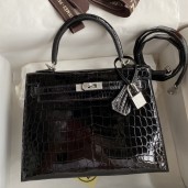 Hermes Kelly Sellier 25 Diamond Bag In Black Crocodile Niloticus Shiny Skin JM1617eo14