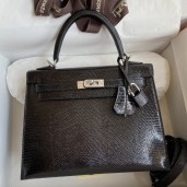 Hermes Kelly Sellier 25 Handmade Bag In Black Lizard Leather JM1596Kd37