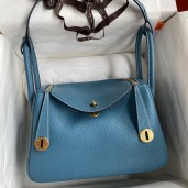 Hermes Lindy 26 Handmade Bag In Blue Jean Clemence Leather JM702Kd37