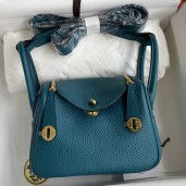 Hermes Mini Lindy Handmade Bag In Vert Bosphore Clemence Leather JM1651Fo38