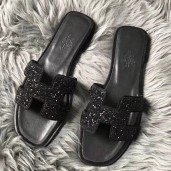 Hermes Oran Sandals In Black Suede With Black Crystal JM1386vA83