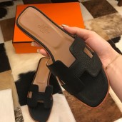Hermes Oran Slide Sandals In Black Clemence Leather JM721Ao69