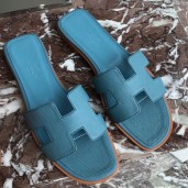 Hermes Oran Slide Sandals In Blue du Nord Epsom Calfskin JM862GY14