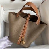 Hermes Picotin Lock 18 Bicolor Handmade Bag in Taupe and Gold Clemence Leather JM682Mw52