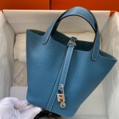 Hermes Picotin Lock 22 Handmade Bag in Blue Jean Clemence Leather JM166JB13